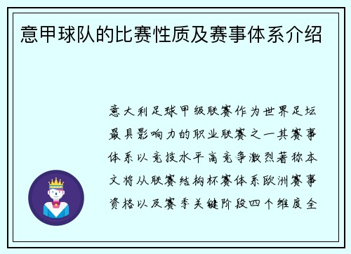 意甲球队的比赛性质及赛事体系介绍