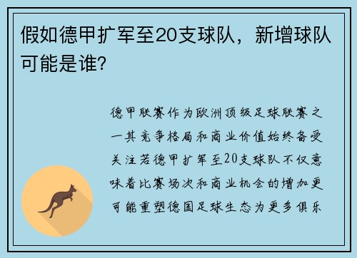 假如德甲扩军至20支球队，新增球队可能是谁？